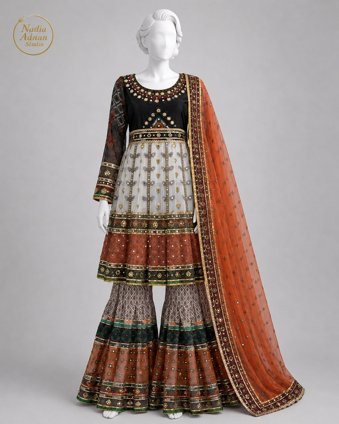 BOLD MULTICOLOR ORGANZA MAXI -L front view - Bold Multicolor Organza Maxi by Nadia Adnan Studio