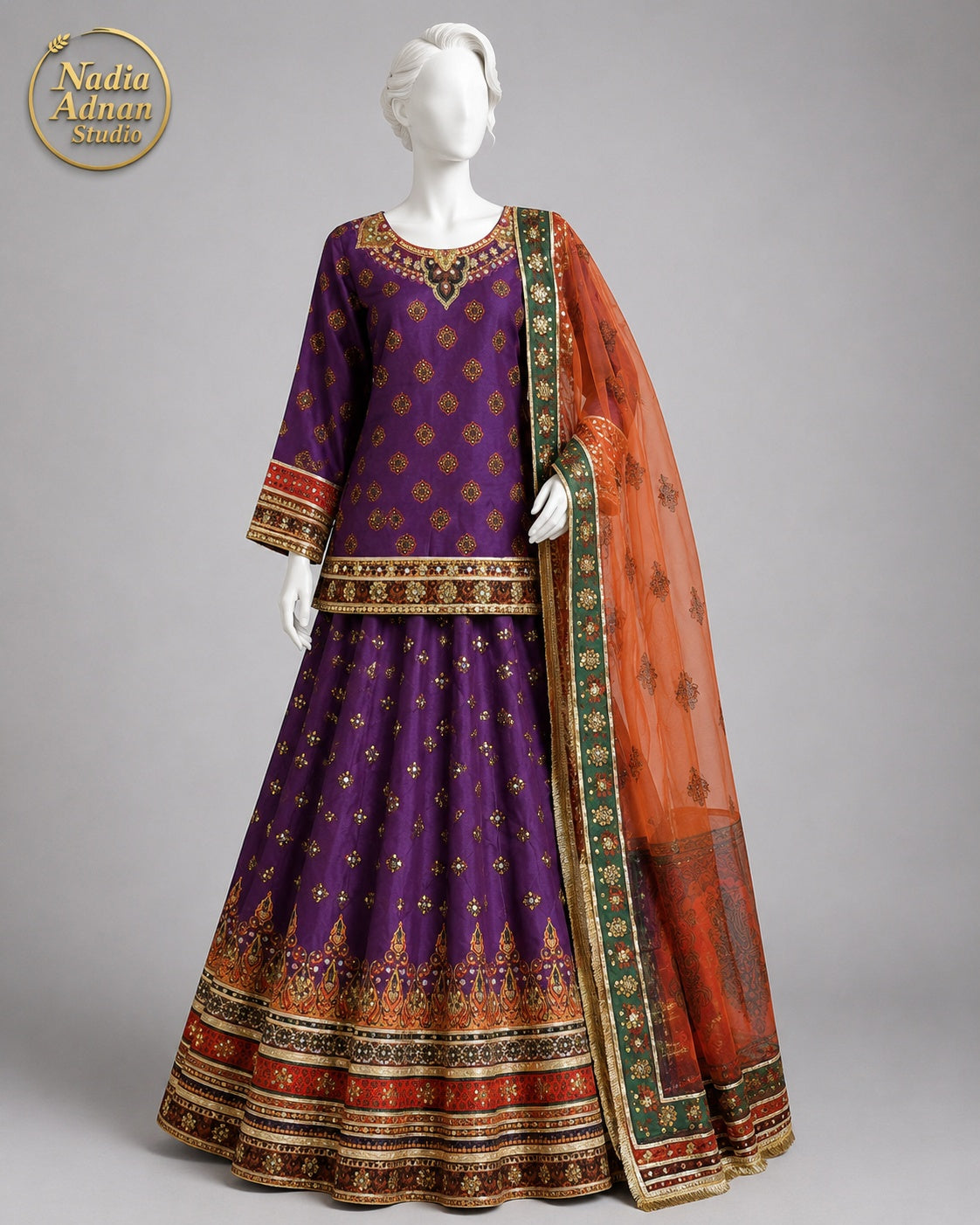 PURPLE RUST GREEN ORGANZA LEHENGA -L front view - Purple Rust Green Organza Lehenga by Nadia Adnan Studio