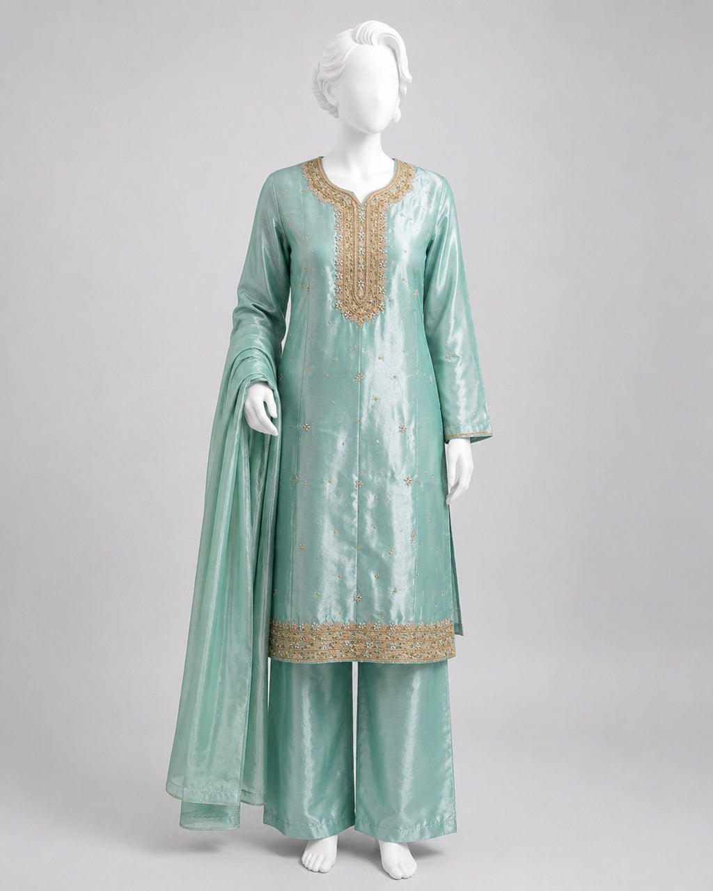 SEA GREEN LAMBA TISSUE SHIRT SUIT-PLZO -L front view - Sea Green Lamba Shirt Plazo by Nadia Adnan Studio