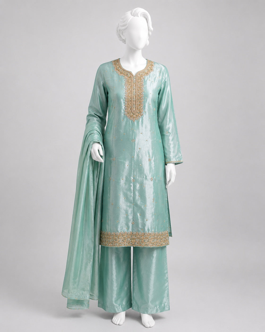 SEA GREEN LAMBA TISSUE SHIRT SUIT-PLZO -L front view - Sea Green Lamba Shirt Plazo by Nadia Adnan Studio
