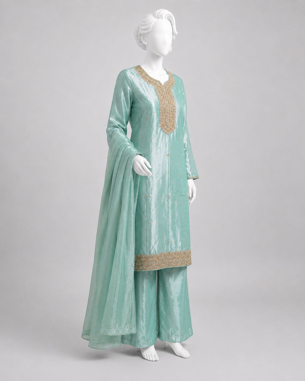 SEA GREEN LAMBA TISSUE SHIRT SUIT-PLZO -L side view - Sea Green Lamba Shirt Plazo by Nadia Adnan Studio