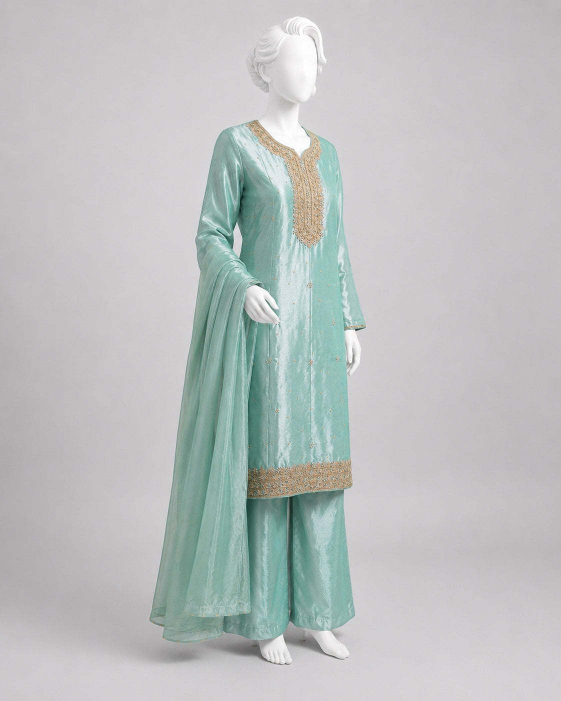SEA GREEN LAMBA TISSUE SHIRT SUIT-PLZO -L side view - Sea Green Lamba Shirt Plazo by Nadia Adnan Studio