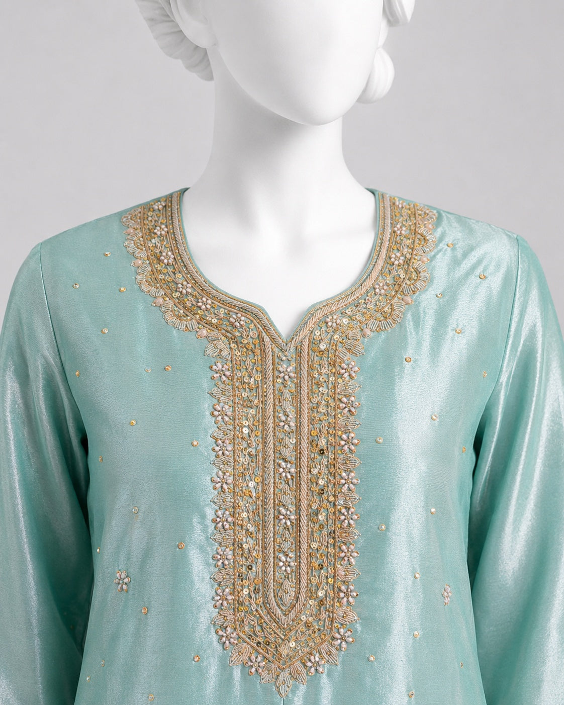 SEA GREEN LAMBA TISSUE SHIRT SUIT-PLZO -L back view - Sea Green Lamba Shirt Plazo by Nadia Adnan Studio