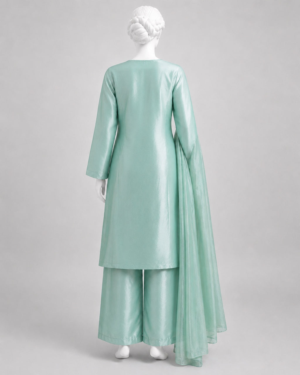 SEA GREEN LAMBA TISSUE SHIRT SUIT-PLZO -L neckline close-up - Sea Green Lamba Shirt Plazo by Nadia Adnan Studio