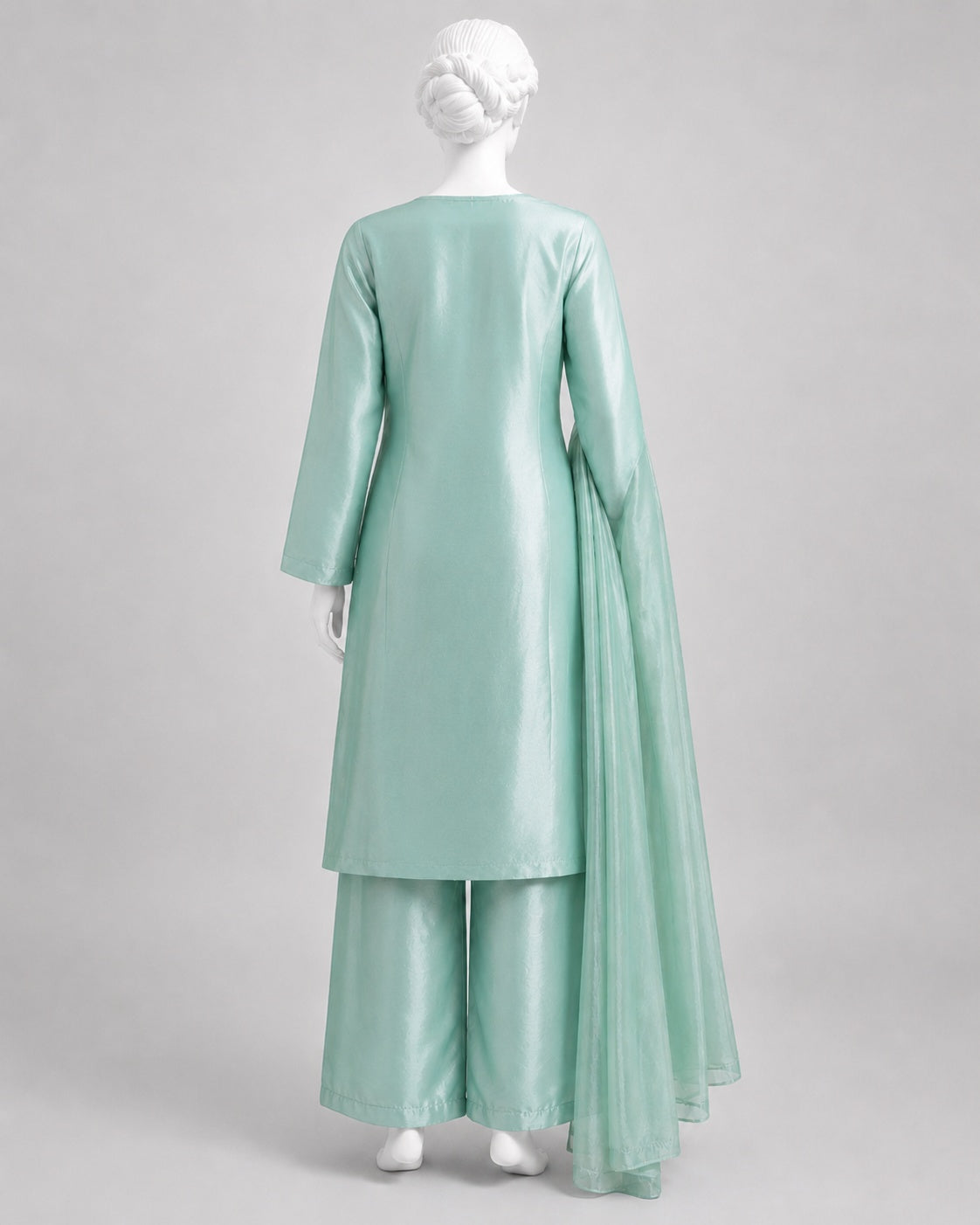 SEA GREEN LAMBA TISSUE SHIRT SUIT-PLZO -L neckline close-up - Sea Green Lamba Shirt Plazo by Nadia Adnan Studio