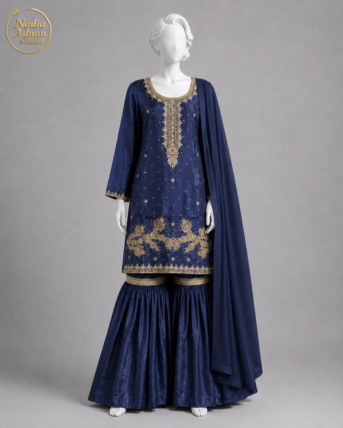 BLUE SILK GHARARARA -M front view - Navy Blue Silk Gharara by Nadia Adnan Studio