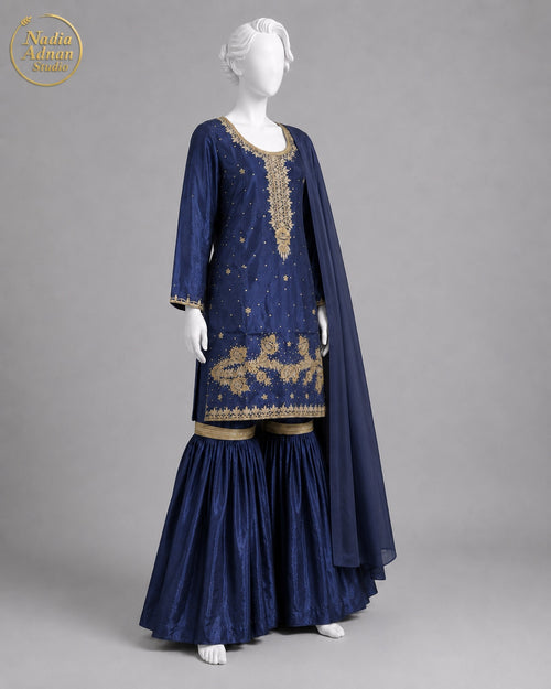 BLUE SILK GHARARARA -M side view - Navy Blue Silk Gharara by Nadia Adnan Studio