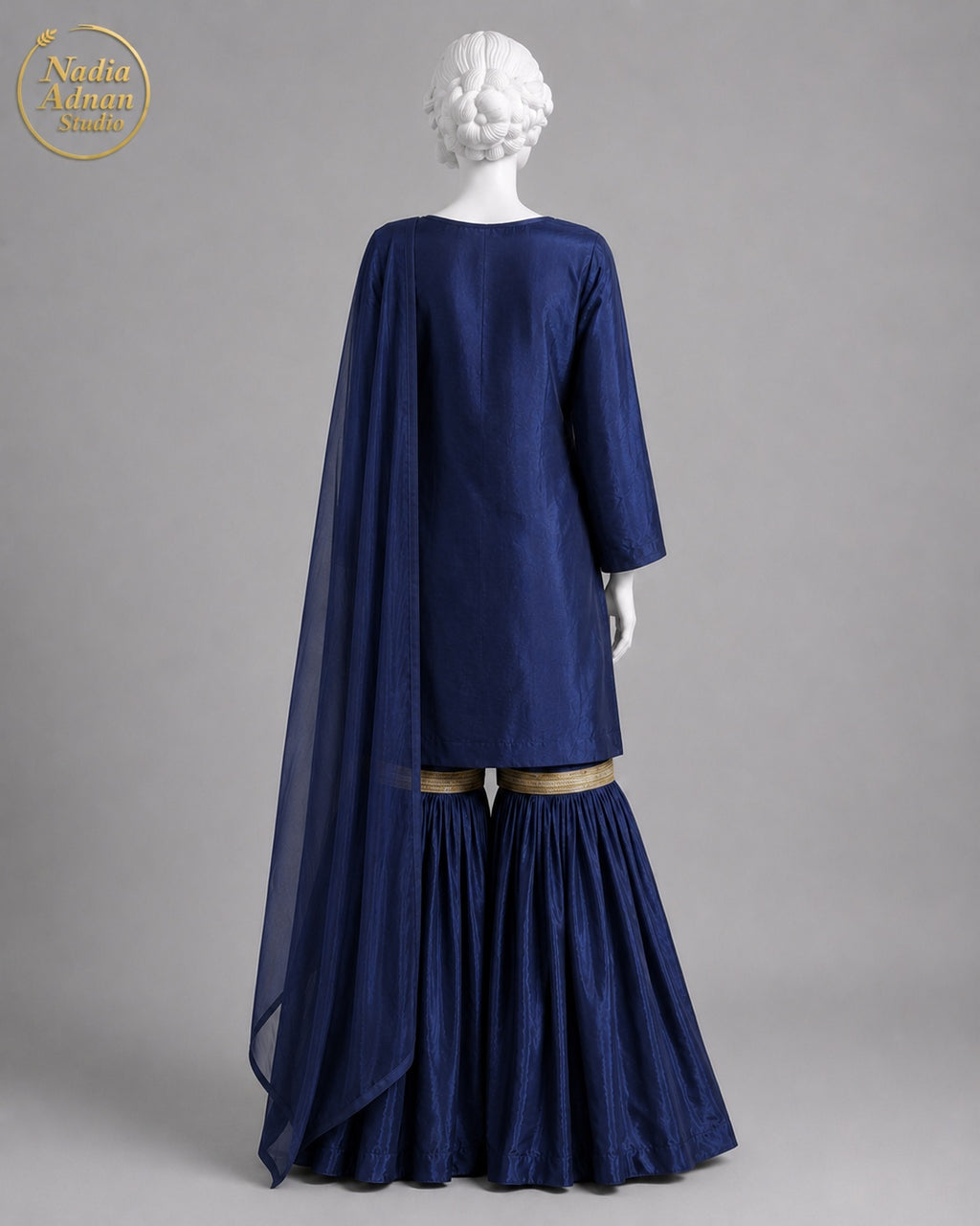 BLUE SILK GHARARARA -M back view - Navy Blue Silk Gharara by Nadia Adnan Studio