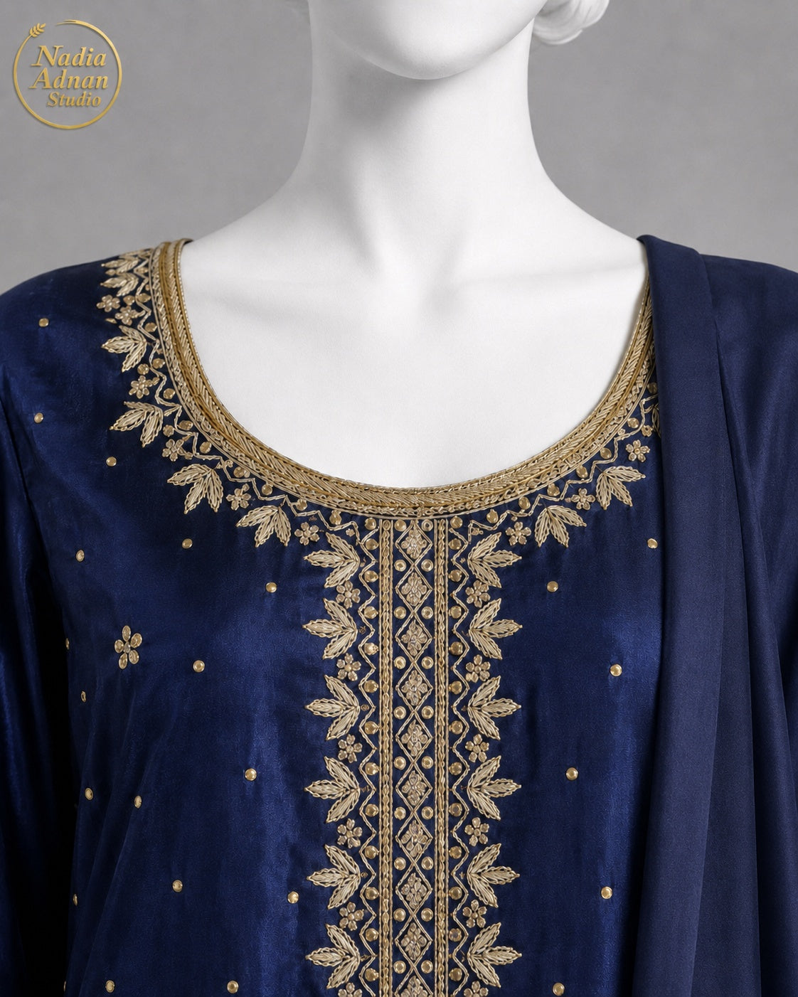 BLUE SILK GHARARARA -M neckline close-up - Navy Blue Silk Gharara by Nadia Adnan Studio