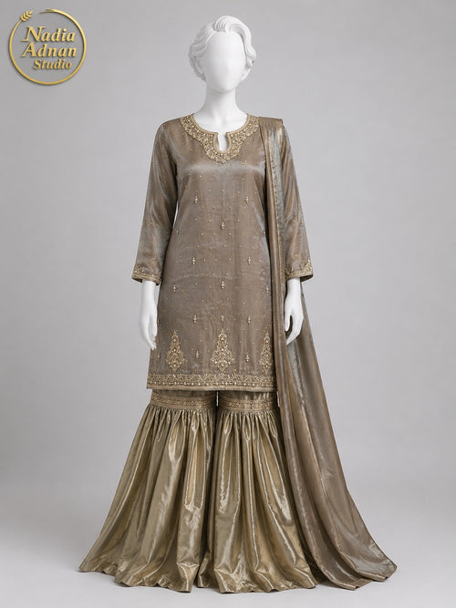 BROWN SILK GHARARARA -L front view - Brwn Silk Gharara by Nadia Adnan Studio