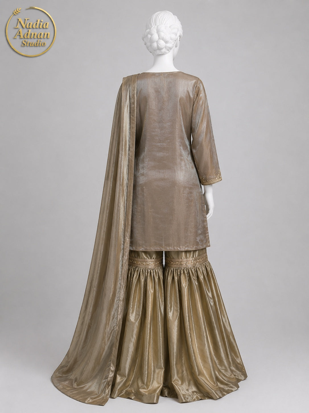 BROWN SILK GHARARARA -L side view - Brwn Silk Gharara by Nadia Adnan Studio
