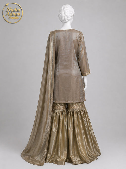 BROWN SILK GHARARARA -L side view - Brwn Silk Gharara by Nadia Adnan Studio