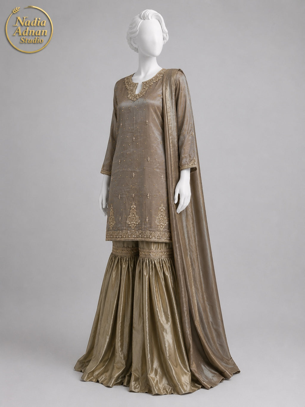 BROWN SILK GHARARARA -L neckline close-up - Brwn Silk Gharara by Nadia Adnan Studio