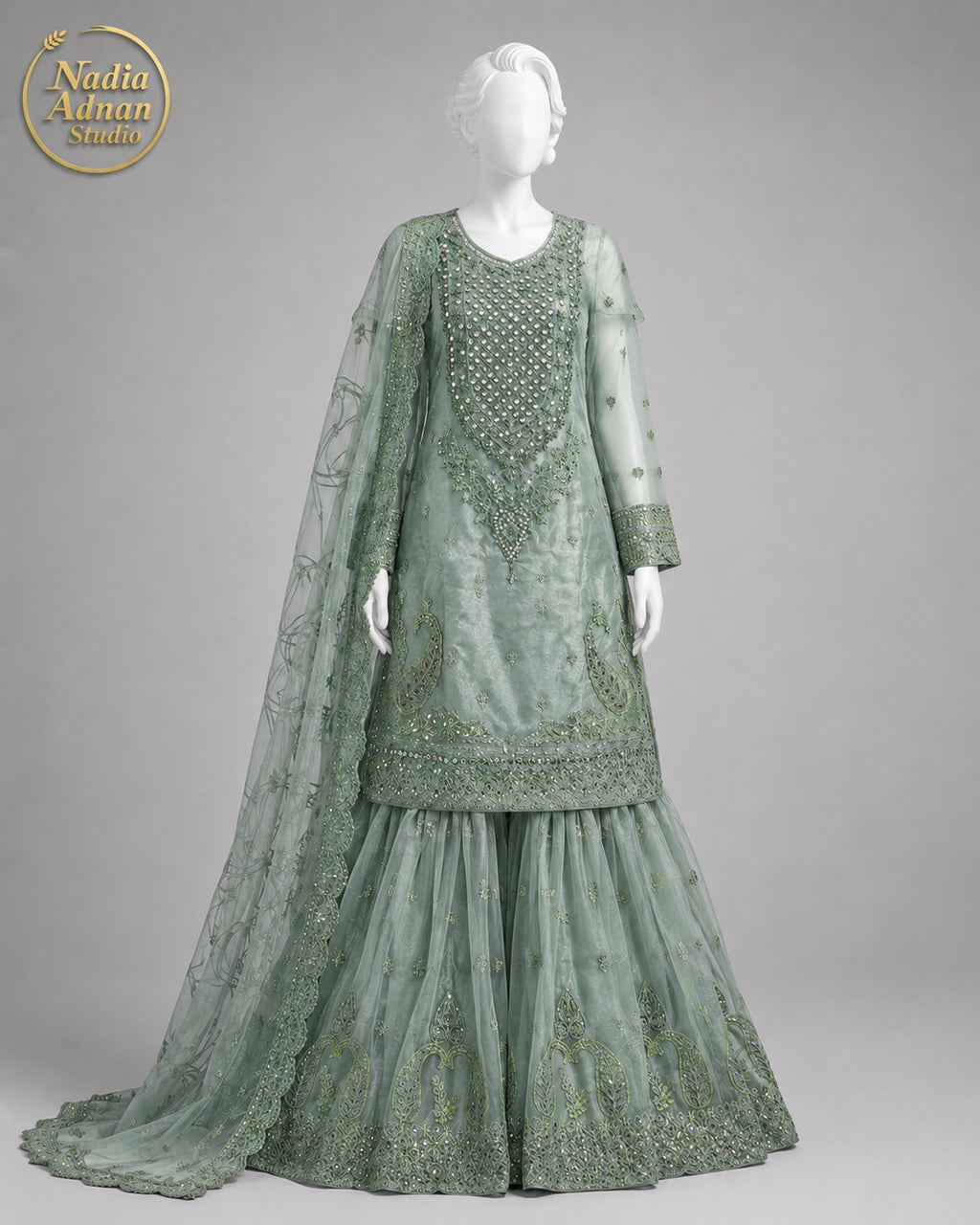 SEA GREEN NET SHIRT PLAZO -M / L front view - Sea Green Net Shirt Plazo by Nadia Adnan Studio