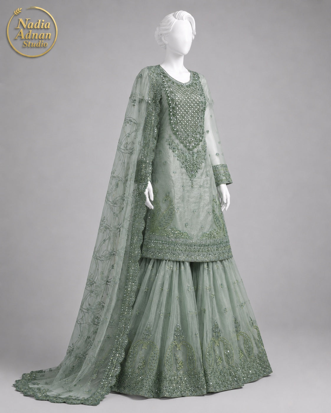 SEA GREEN NET SHIRT PLAZO -M / L side view - Sea Green Net Shirt Plazo by Nadia Adnan Studio