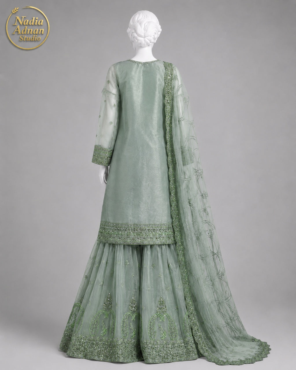 SEA GREEN NET SHIRT PLAZO -M / L back view - Sea Green Net Shirt Plazo by Nadia Adnan Studio