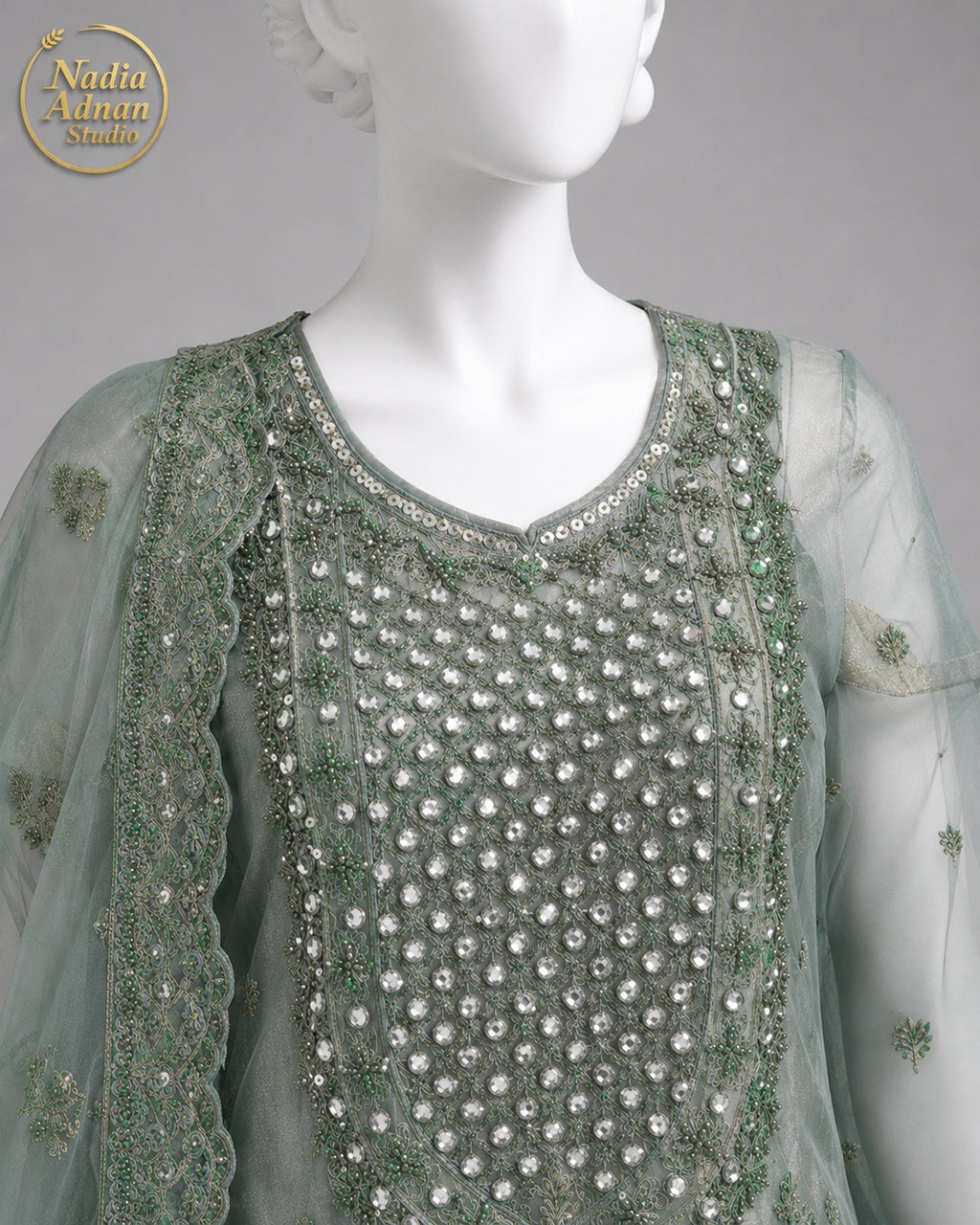 SEA GREEN NET SHIRT PLAZO -M / L neckline close-up - Sea Green Net Shirt Plazo by Nadia Adnan Studio