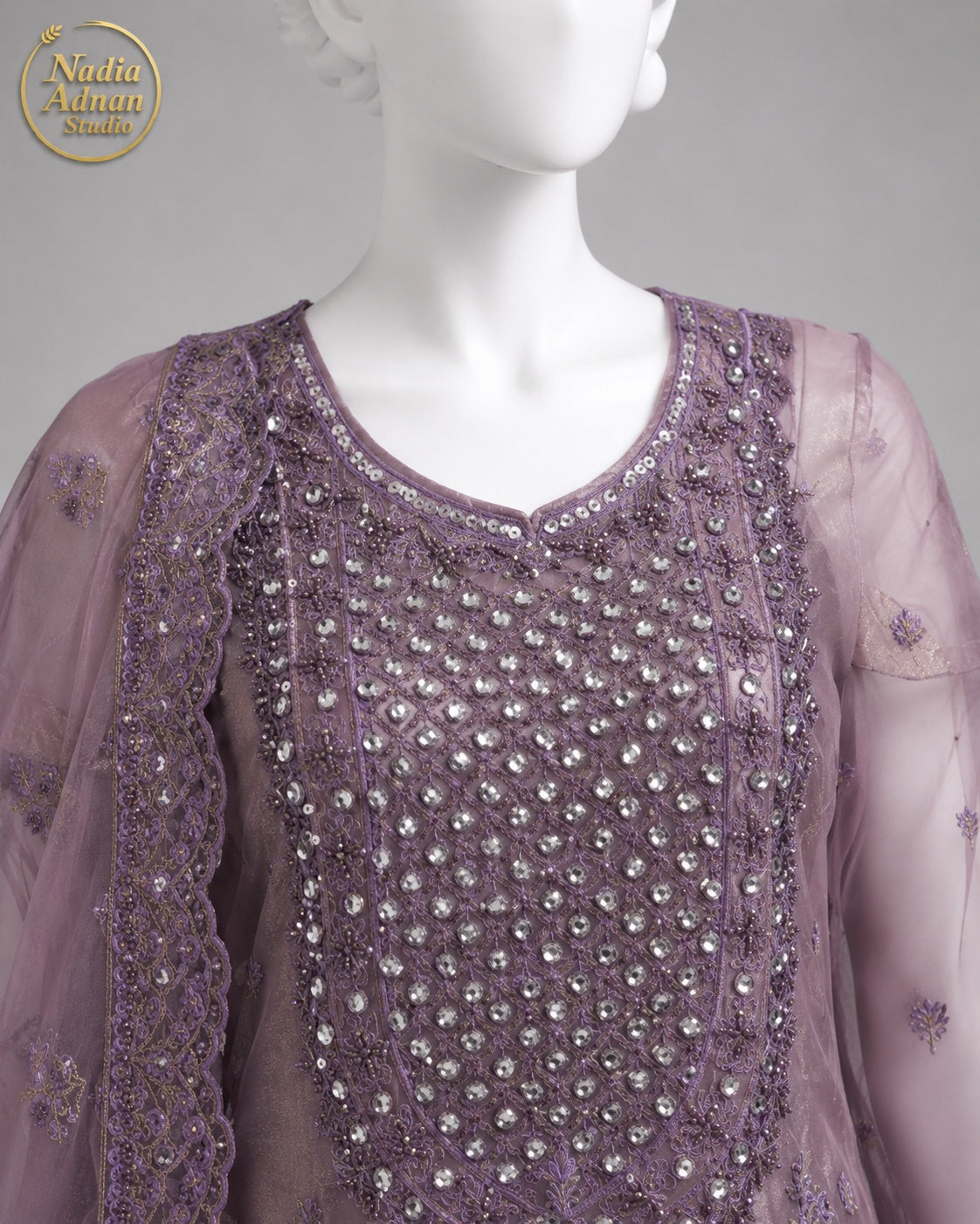 LILAC NET SHIRT PLAZO -M / L neckline close-up - Lilac Net Shirt Plazo by Nadia Adnan Studio