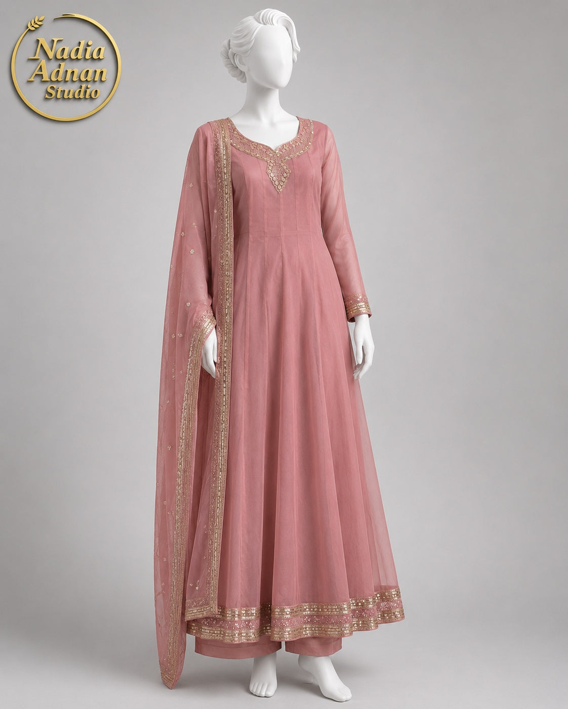 TEA PINK CHIFFON MAXI -L front view - Tea Pink Chiffon Maxi by Nadia Adnan Studio