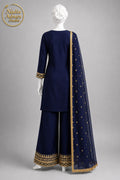 NAVY BLUE CHIFFON SHIRT PLAZO -M front view - Navy Blue Chiffon Shirt Plazo by Nadia Adnan Studio