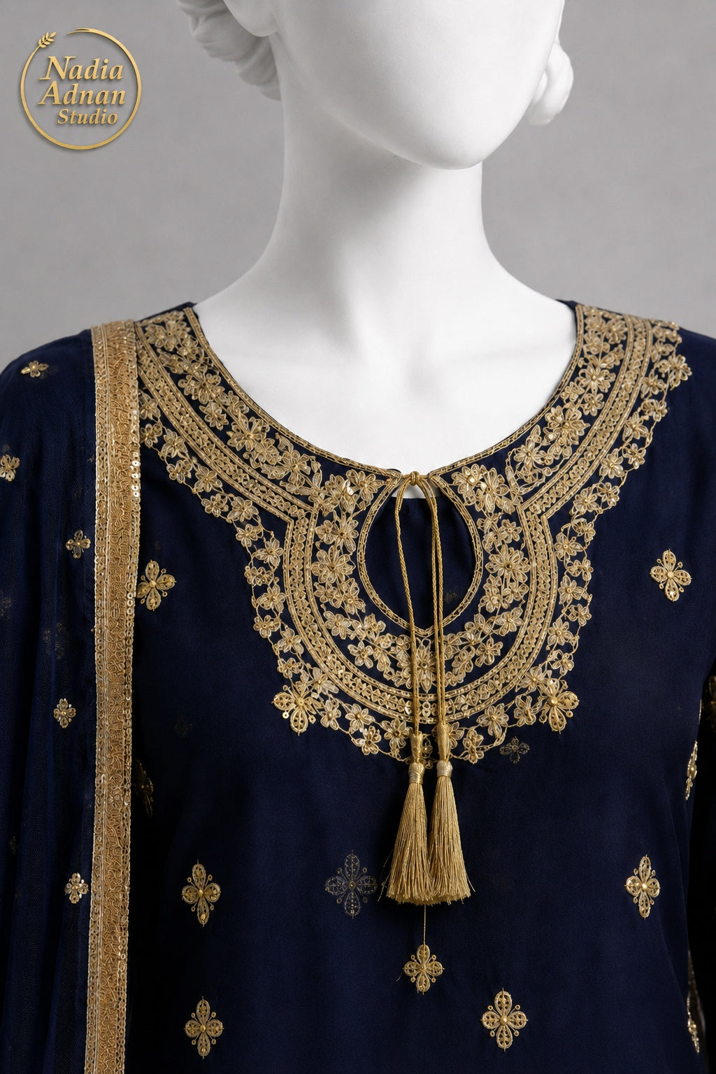 NAVY BLUE CHIFFON SHIRT PLAZO -M side view - Navy Blue Chiffon Shirt Plazo by Nadia Adnan Studio
