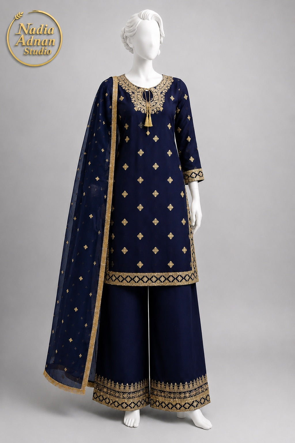 NAVY BLUE CHIFFON SHIRT PLAZO -M back view - Navy Blue Chiffon Shirt Plazo by Nadia Adnan Studio