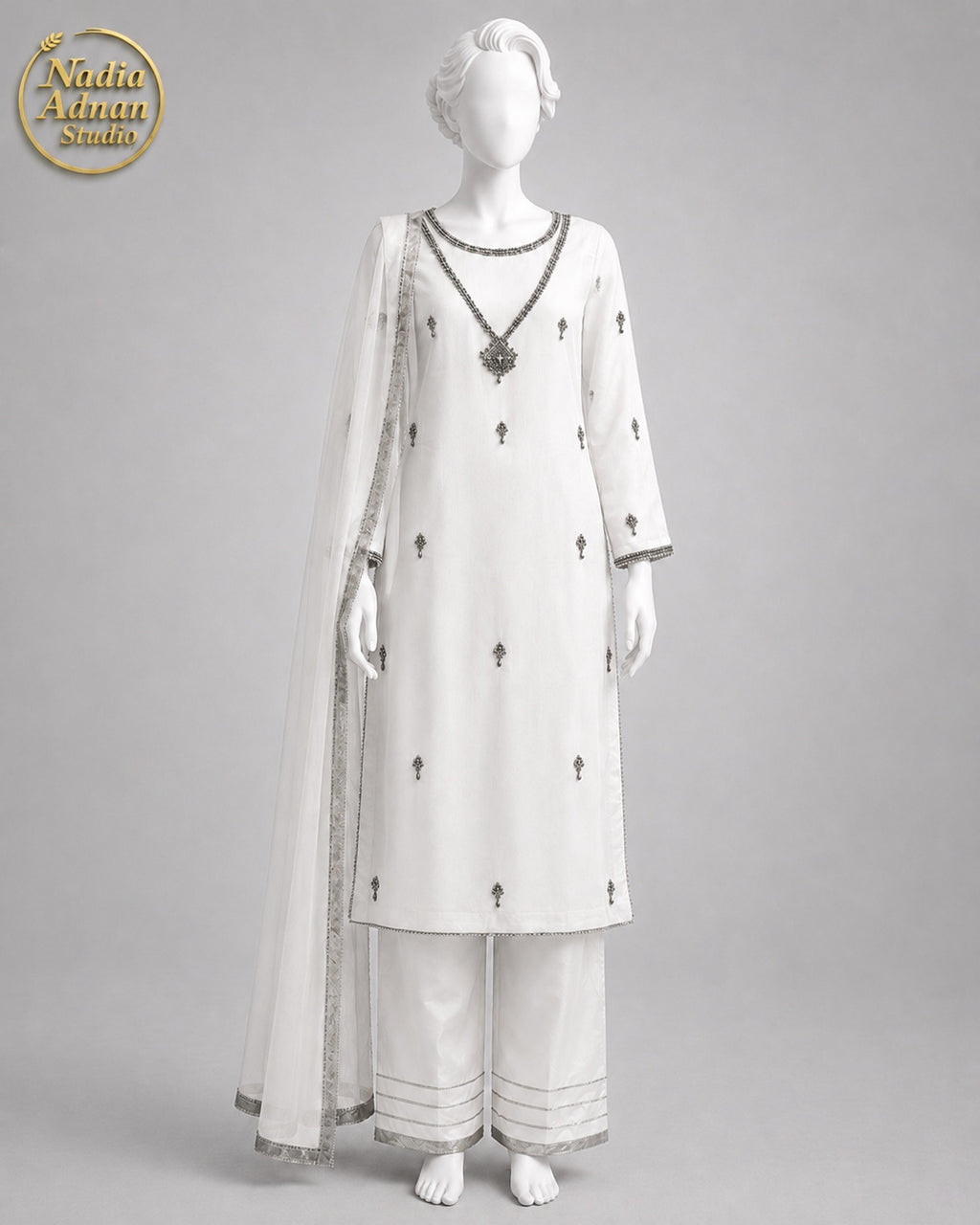 WHITE CHIFFON SHIRT PLAZO -L front view - White Chiffon Shirt Plazo by Nadia Adnan Studio