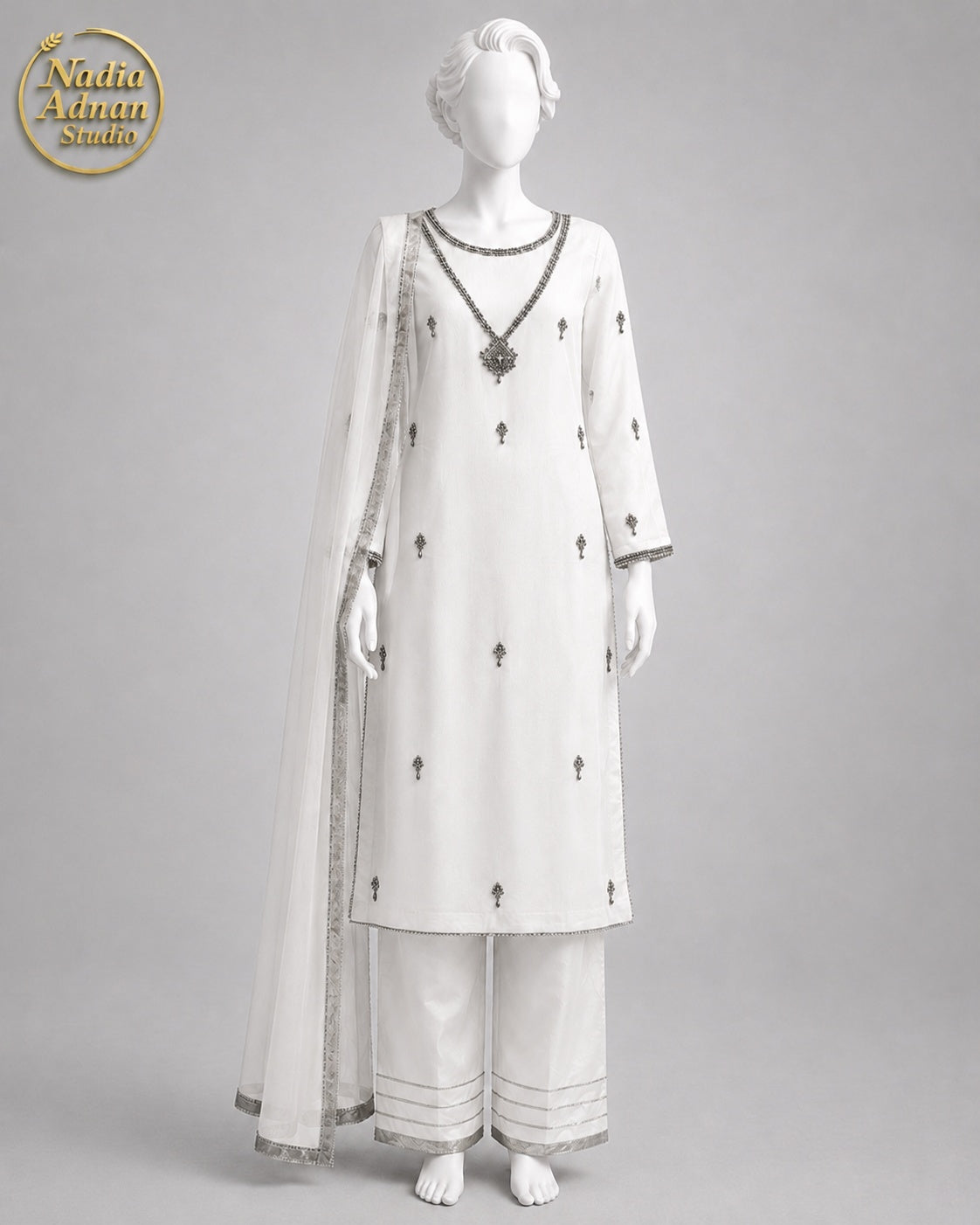 WHITE CHIFFON SHIRT PLAZO -L front view - White Chiffon Shirt Plazo by Nadia Adnan Studio