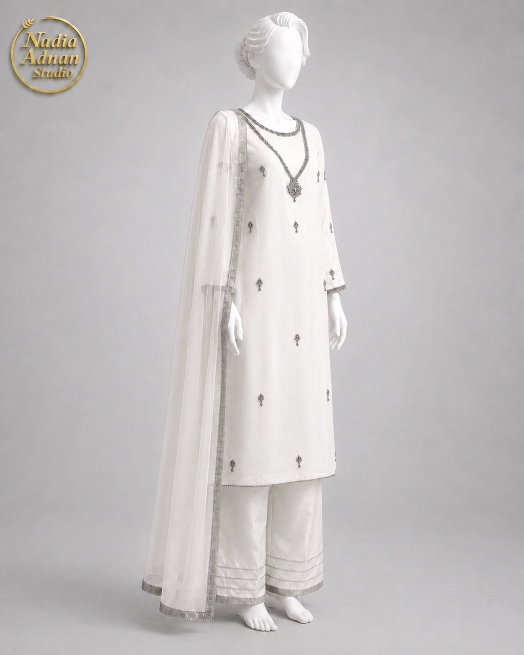 WHITE CHIFFON SHIRT PLAZO -L side view - White Chiffon Shirt Plazo by Nadia Adnan Studio