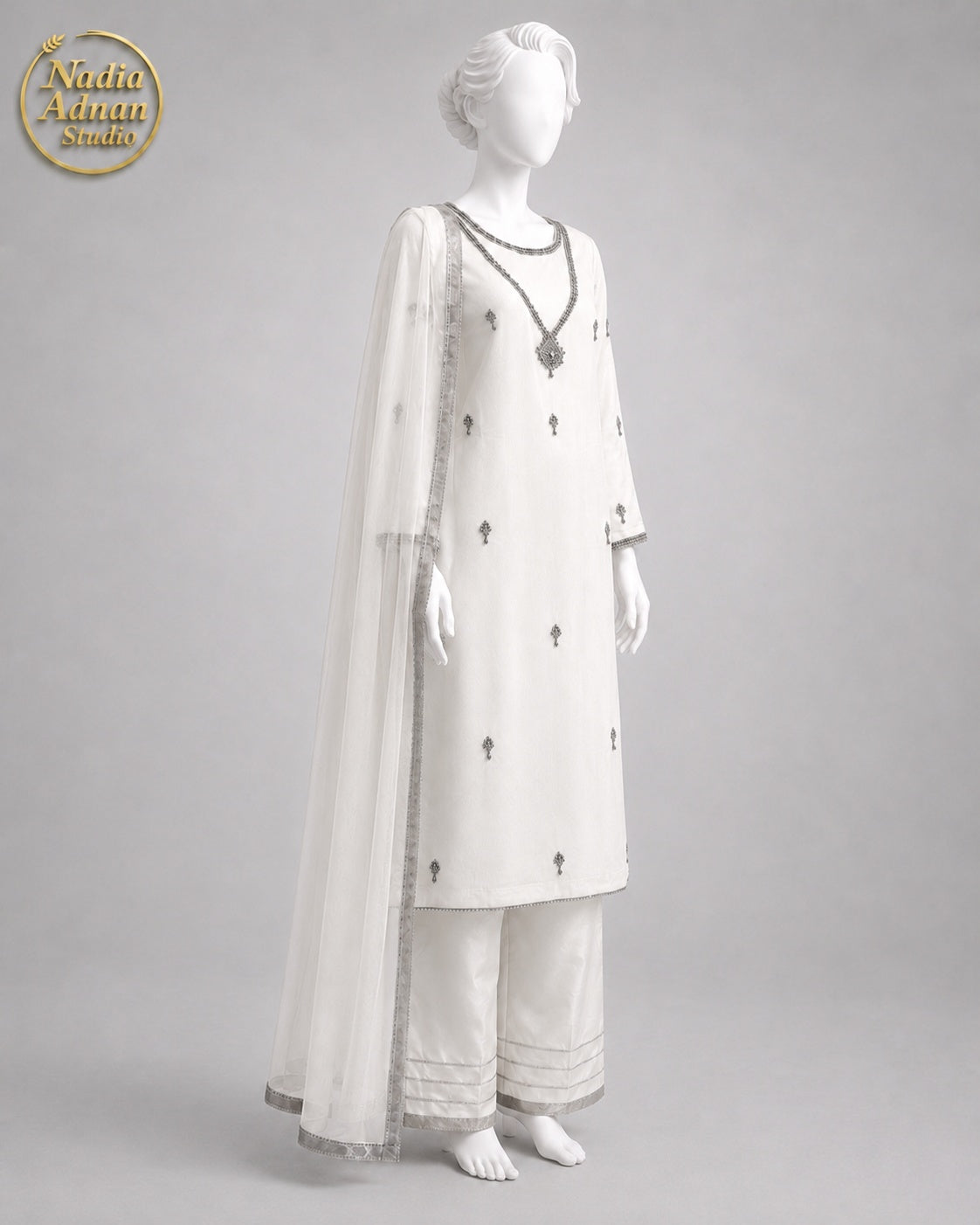 WHITE CHIFFON SHIRT PLAZO -L side view - White Chiffon Shirt Plazo by Nadia Adnan Studio