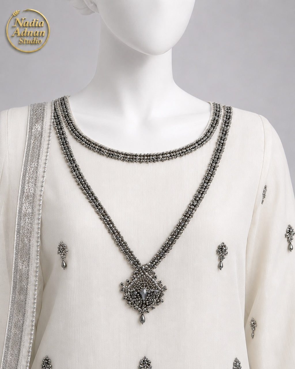 WHITE CHIFFON SHIRT PLAZO -L neckline close-up - White Chiffon Shirt Plazo by Nadia Adnan Studio