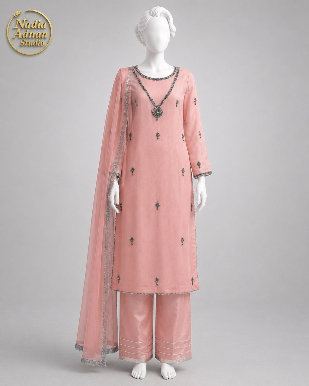 PINK CHIFFON SHIRT PLAZO -M front view - Pink Chiffon Shirt Plazo by Nadia Adnan Studio