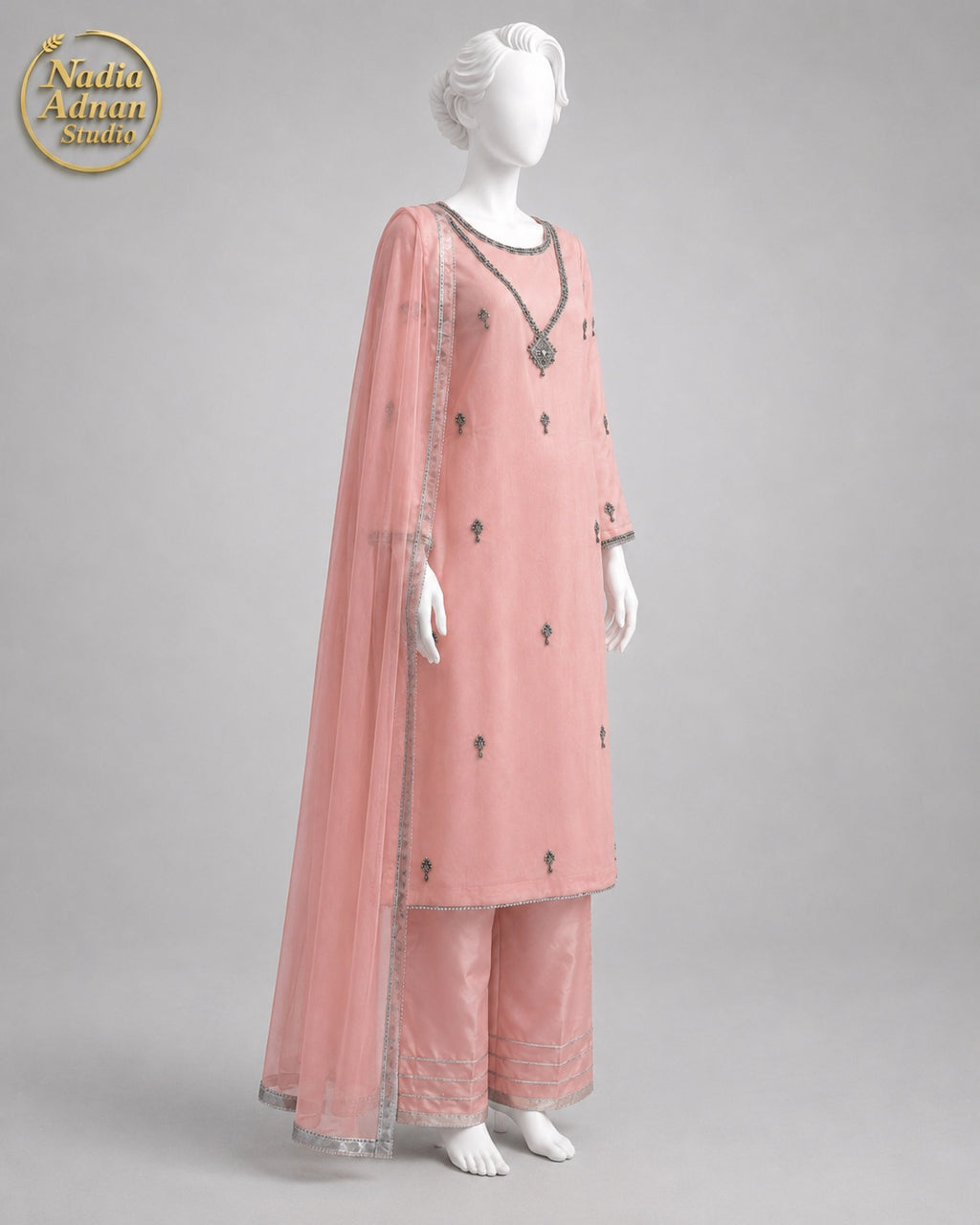PINK CHIFFON SHIRT PLAZO -M side view - Pink Chiffon Shirt Plazo by Nadia Adnan Studio