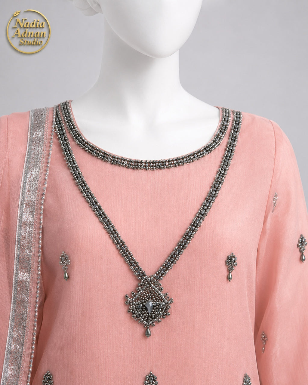 PINK CHIFFON SHIRT PLAZO -M neckline close-up - Pink Chiffon Shirt Plazo by Nadia Adnan Studio
