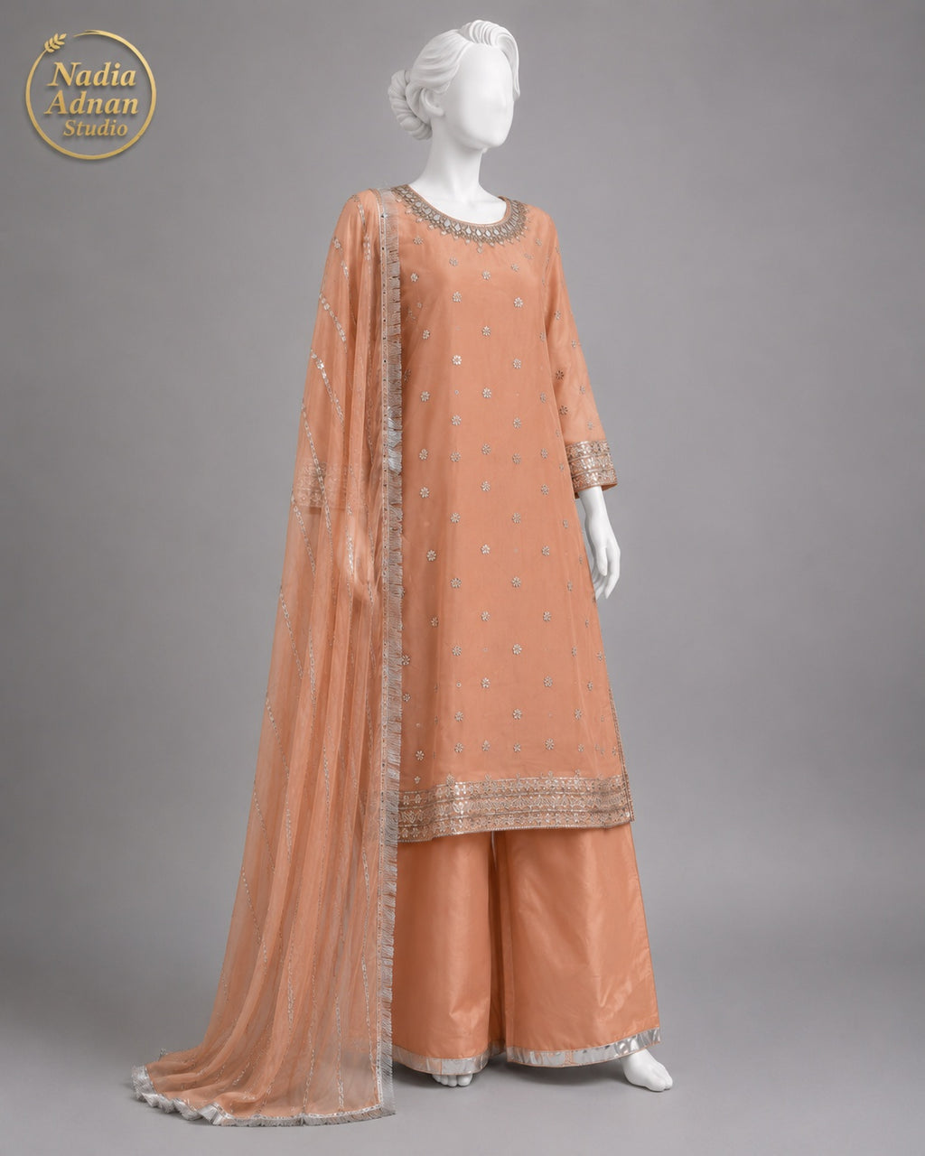 TEA PINK CHIFFON SHIRT PLAZO -M side view - Tea Pink Chiffon Shirt Plazo by Nadia Adnan Studio