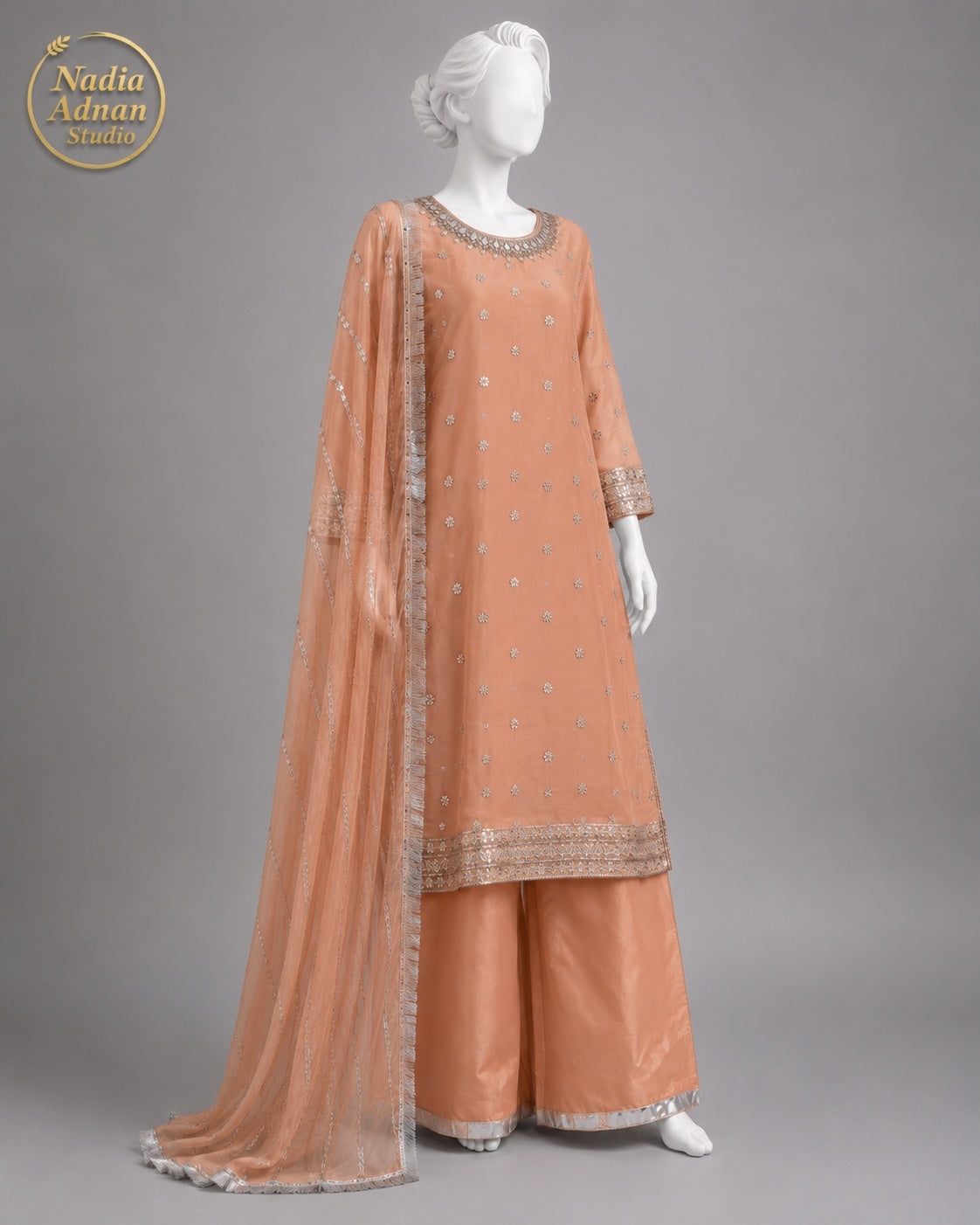TEA PINK CHIFFON SHIRT PLAZO -M side view - Tea Pink Chiffon Shirt Plazo by Nadia Adnan Studio