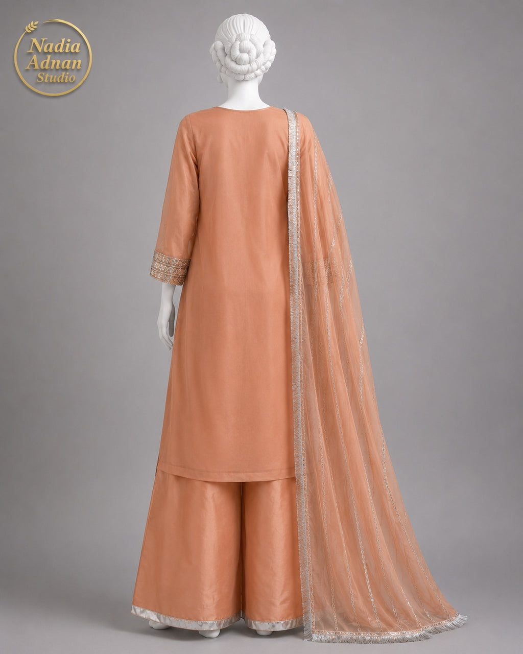 TEA PINK CHIFFON SHIRT PLAZO -M back view - Tea Pink Chiffon Shirt Plazo by Nadia Adnan Studio