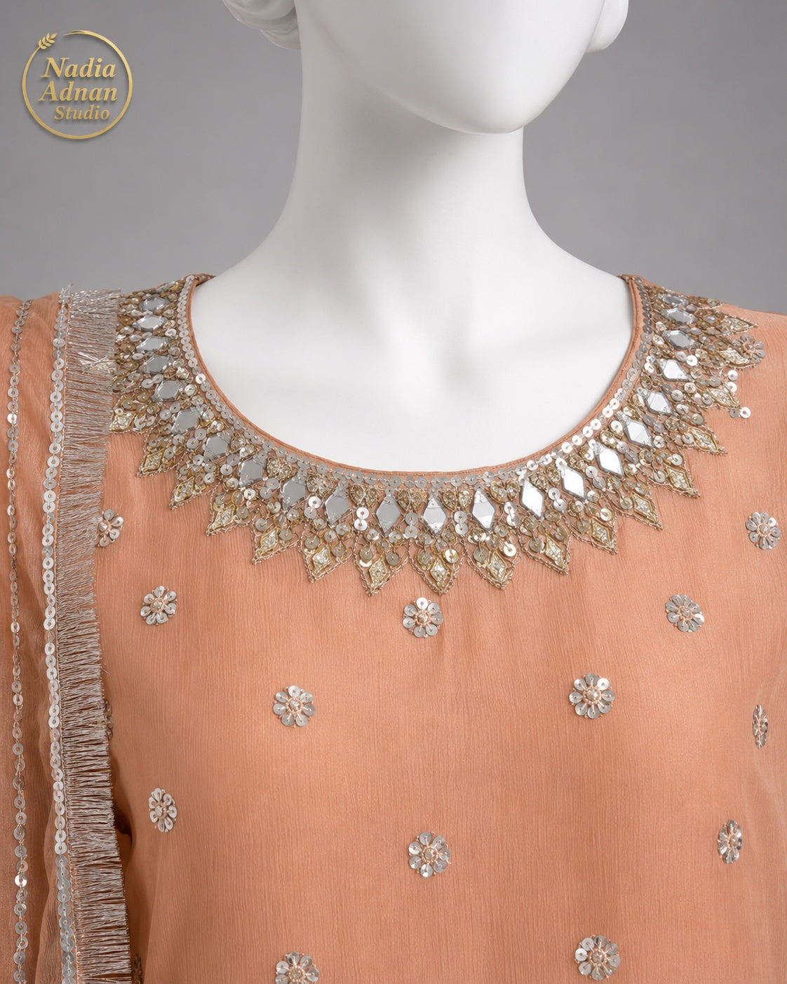 TEA PINK CHIFFON SHIRT PLAZO -M neckline close-up - Tea Pink Chiffon Shirt Plazo by Nadia Adnan Studio