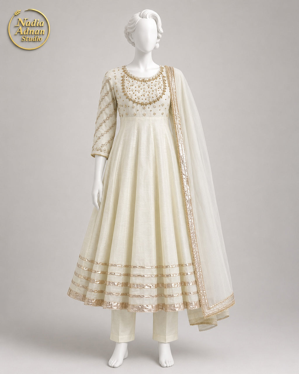 WHITE RAW SILK MAXI -M front view - Off White Raw Silk Maxi by Nadia Adnan Studio