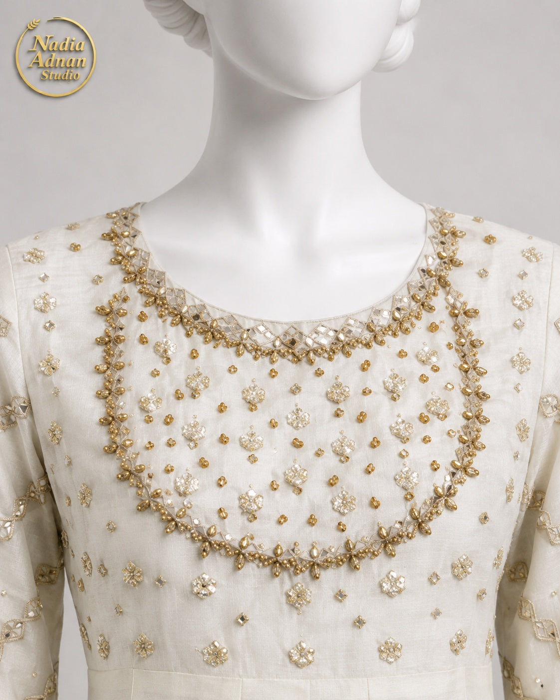 WHITE RAW SILK MAXI -M neckline close-up - Off White Raw Silk Maxi by Nadia Adnan Studio
