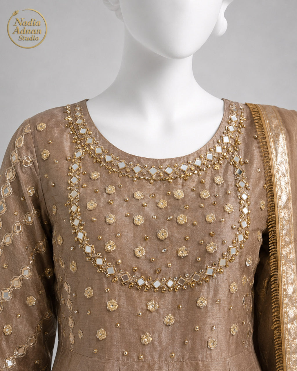 COPPER RAW SILK MAXI -M neckline close-up - Copper Raw Silk Maxi by Nadia Adnan Studio