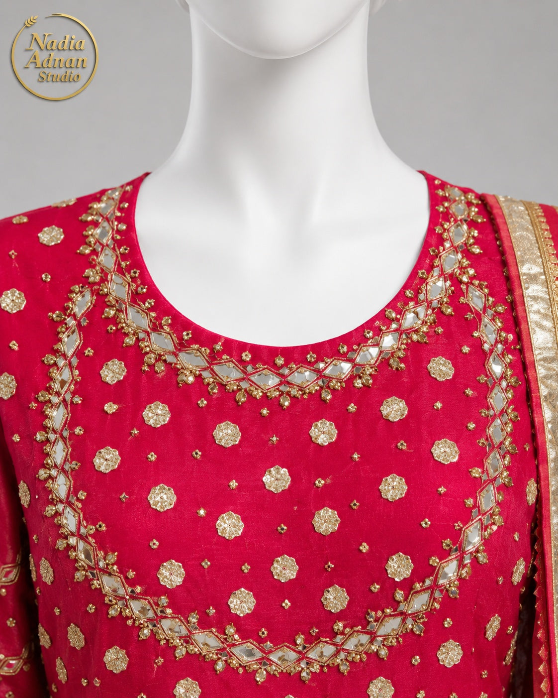 PINK RAW SILK MAXI -M neckline close-up - Pi. Raw Silk Maxi by Nadia Adnan Studio