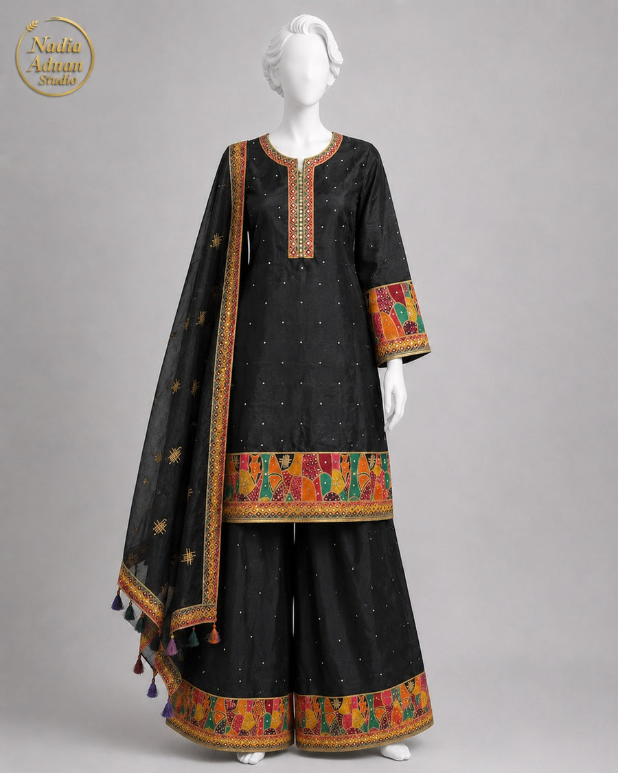 BLACK ORGANZA GHARARARA -M front view - Black Organza Gharara by Nadia Adnan Studio