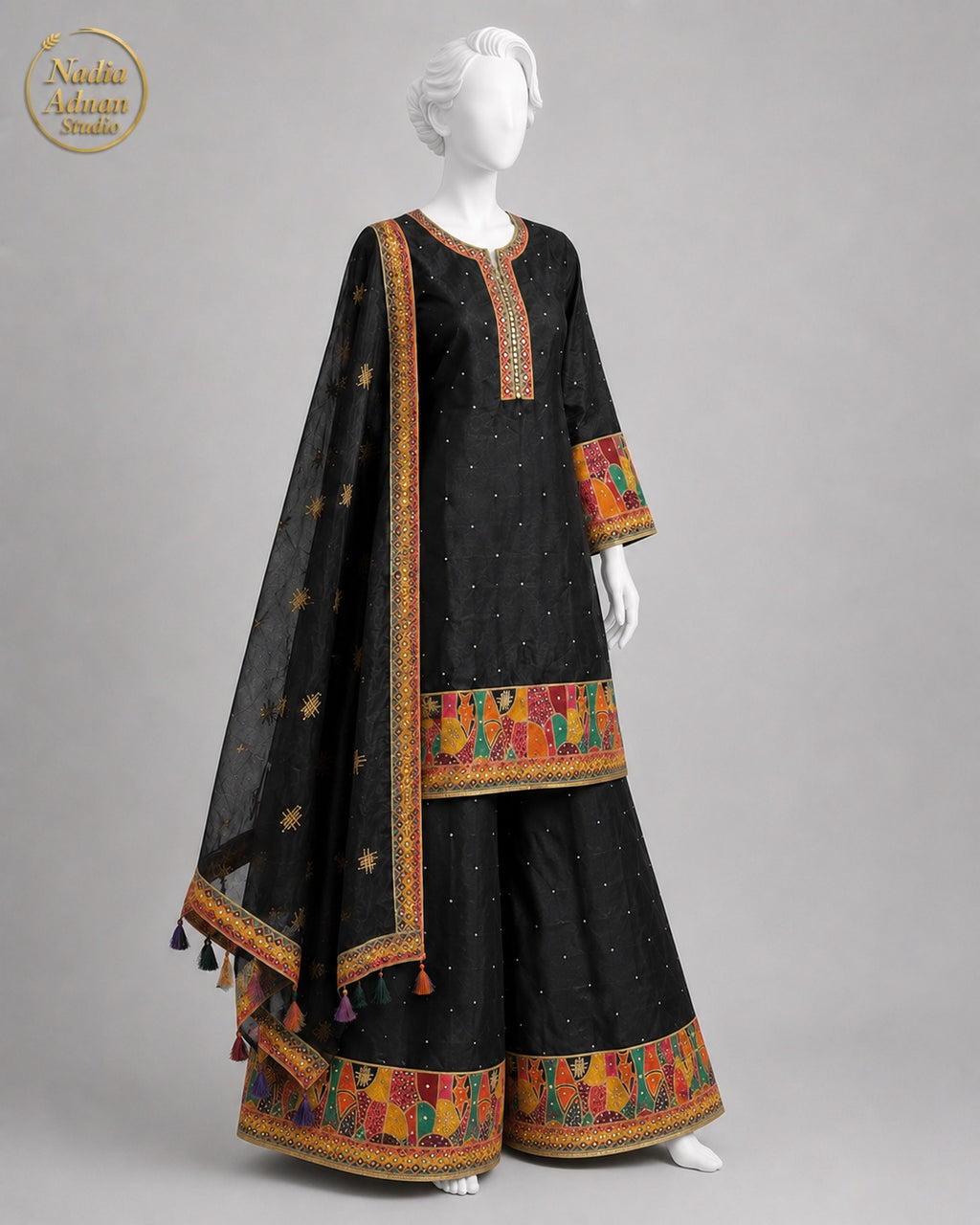 BLACK ORGANZA GHARARARA -M side view - Black Organza Gharara by Nadia Adnan Studio