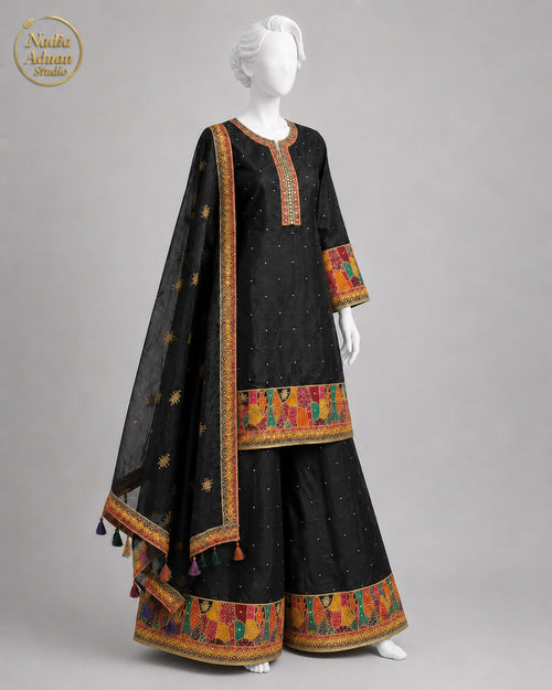 BLACK ORGANZA GHARARARA -M side view - Black Organza Gharara by Nadia Adnan Studio