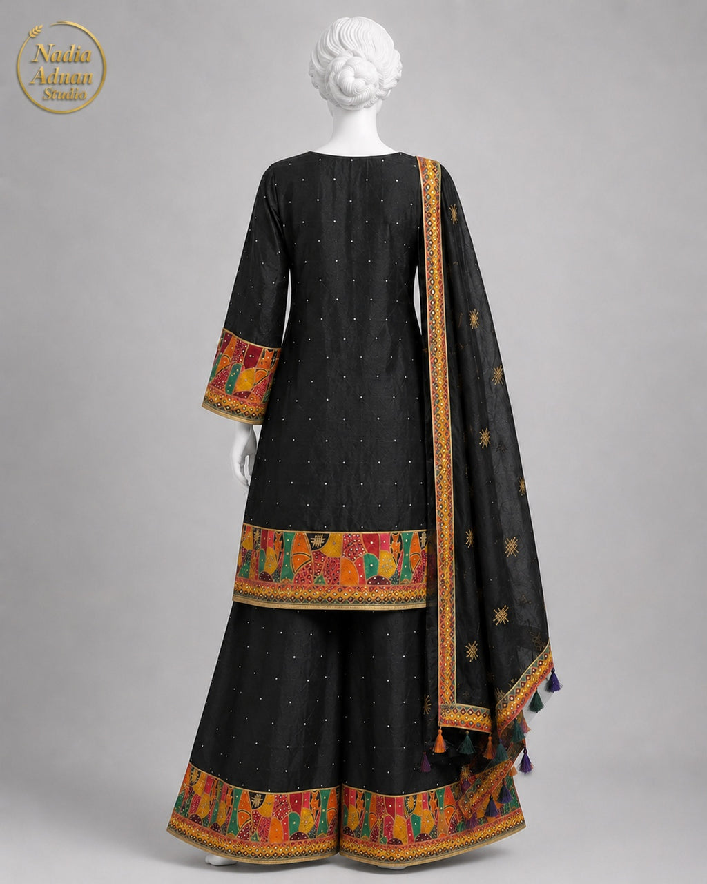 BLACK ORGANZA GHARARARA -M back view - Black Organza Gharara by Nadia Adnan Studio