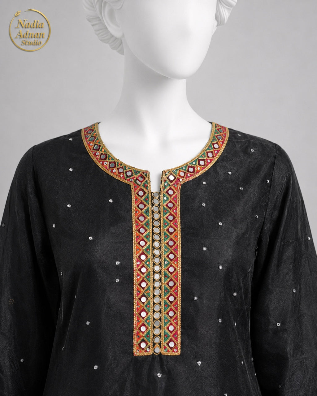 BLACK ORGANZA GHARARARA -M neckline close-up - Black Organza Gharara by Nadia Adnan Studio