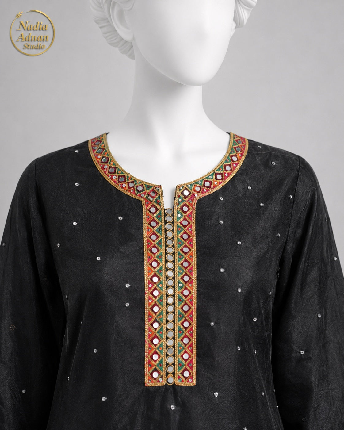 BLACK ORGANZA GHARARARA -M neckline close-up - Black Organza Gharara by Nadia Adnan Studio