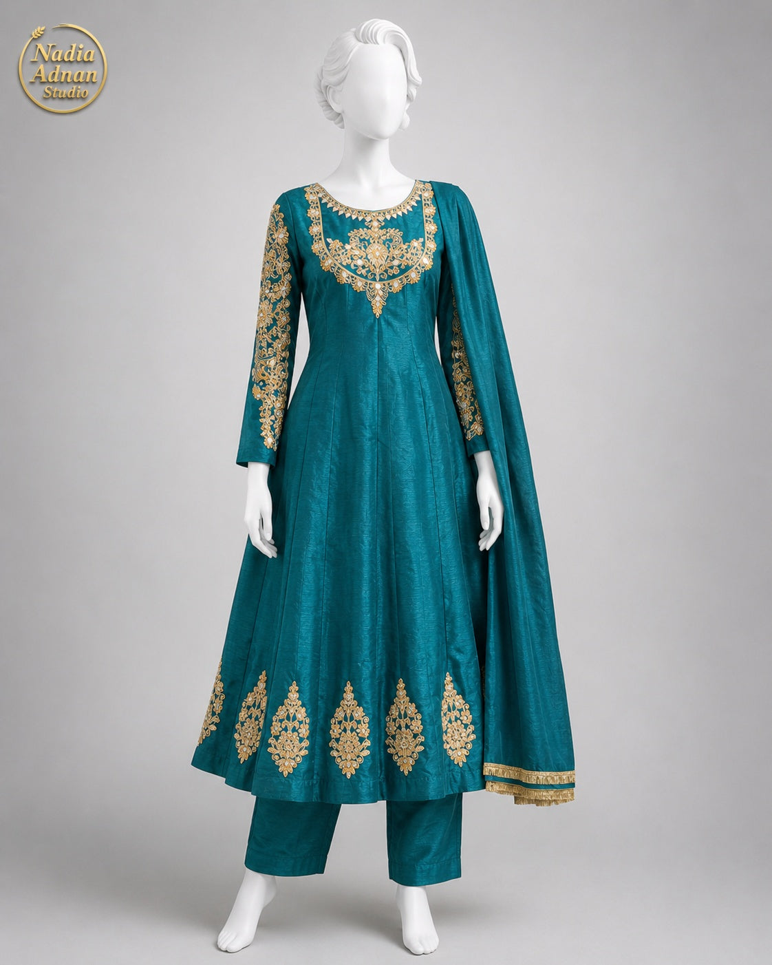 SEA GREEN RAW SILK MAXI -M / L front view - Sea Green Raw Silk Maxi by Nadia Adnan Studio