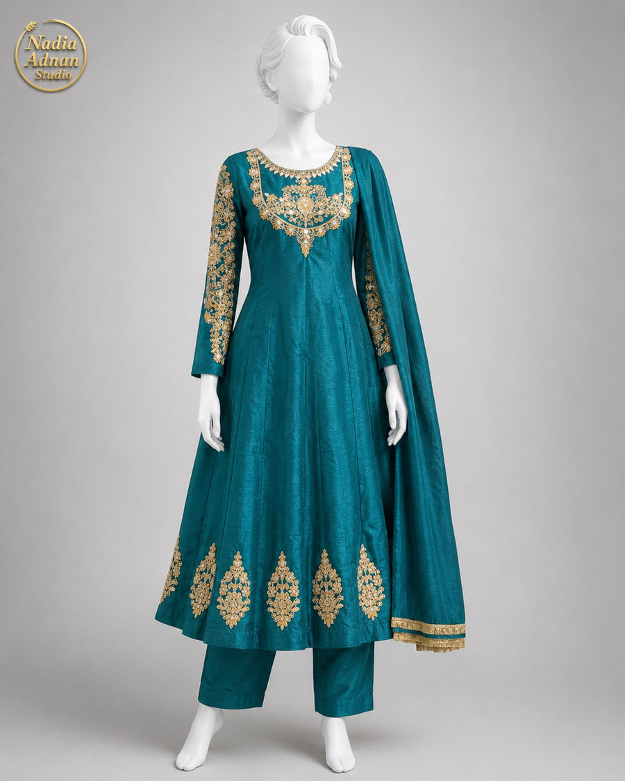 SEA GREEN RAW SILK MAXI -M / L front view - Sea Green Raw Silk Maxi by Nadia Adnan Studio